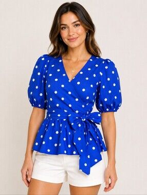 Lilly Pulitzer Kara Wrap Top Blue Grotto Hotter Spot Peplum Puff Sleeve NWT 2